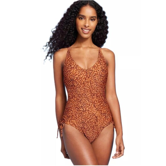 Women's Shade and Shore Side Tie Plunge One Piece Swimsuit Animal Print Large - Picture 1 of 6